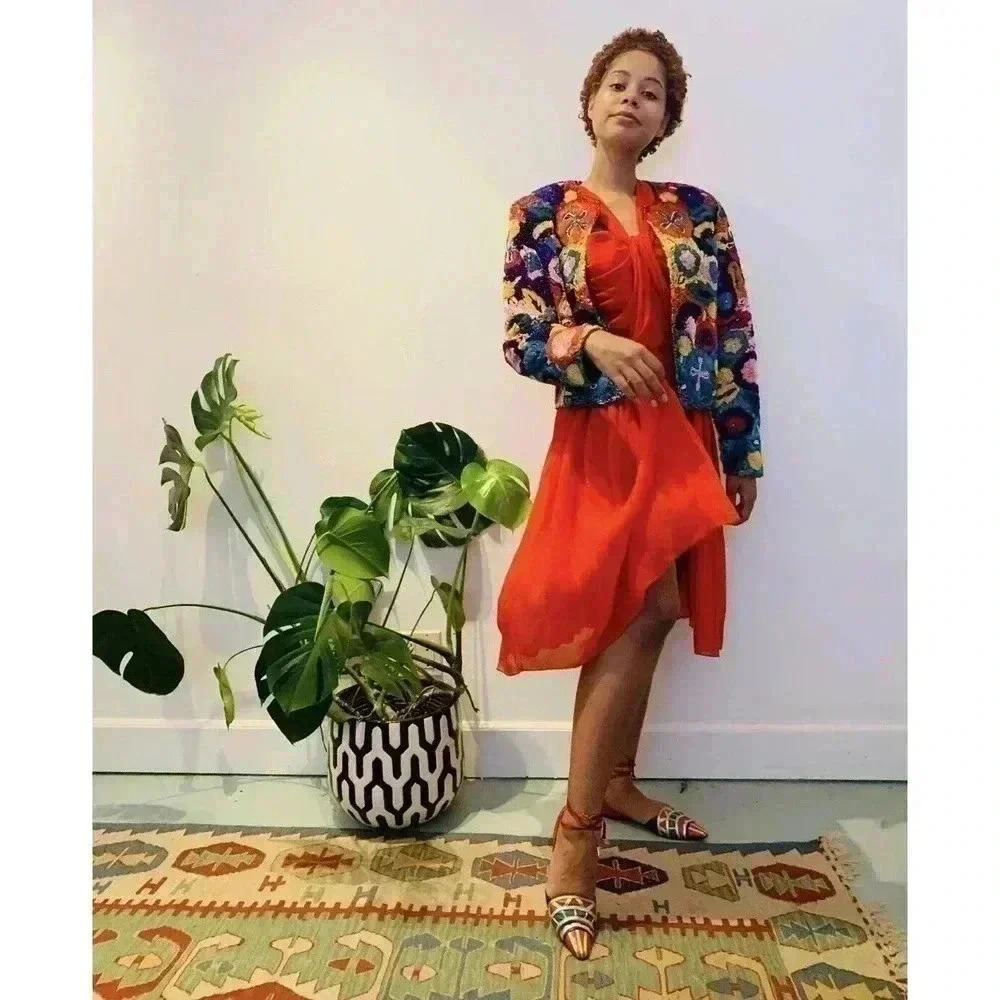 Vintage Cache Silk Ribbon Boxy Bolero Jacket 90s Bead Embellished Flower Rainbow - Picture 7 of 14